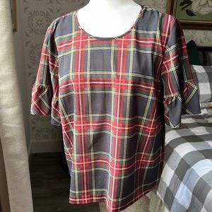J Crew Plaid Ruffle Sleeve Women's Top